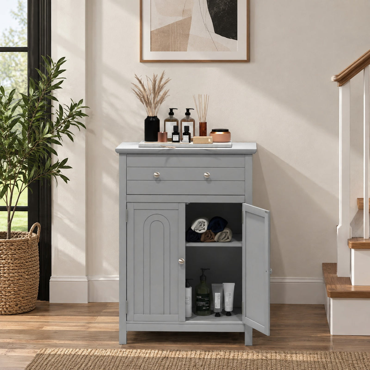 Airfind Wooden Bathroom Floor Cabinet with Drawer and Adjustable Shelf, 110 lbs Capacity, MDF Frame, 23.5in x 12in x 31.5in Footprint, Grey