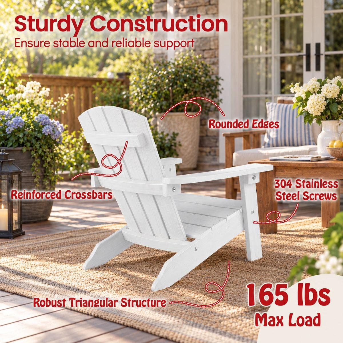 Airfind All-Weather HIPS Kids Adirondack Chair with with High Backrest and Armrests, 165 lbs Capacity, Wood-like HIPS Frame, White