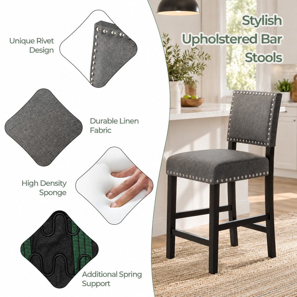 Airfind 38.5/43.5 Inch Set of 2 Counter Height Chairs with Solid Rubber Wood Frame, 330 lbs Capacity, Rubber Wood Linen Fabric Sponge Metal Frame