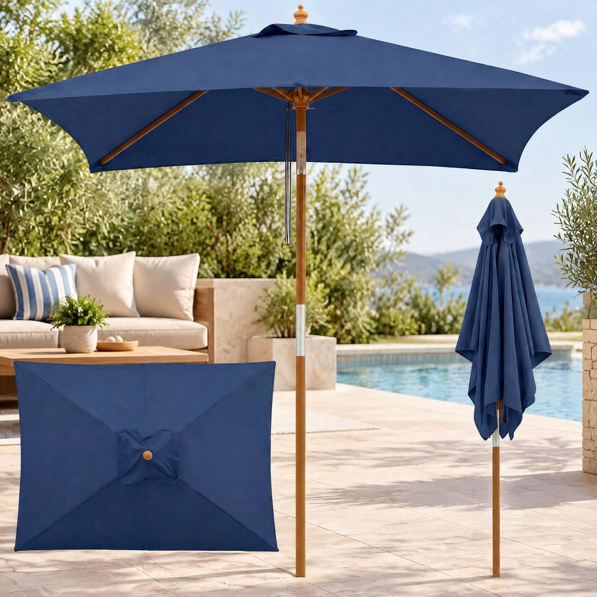 Airfind 7 Feet Outdoor Rectangular Patio Umbrella with 3 Adjustable Heights, Fabric Hardwood Bamboo Frame, 7 x 5.5 x 7.7 ft Umbrella Footprint