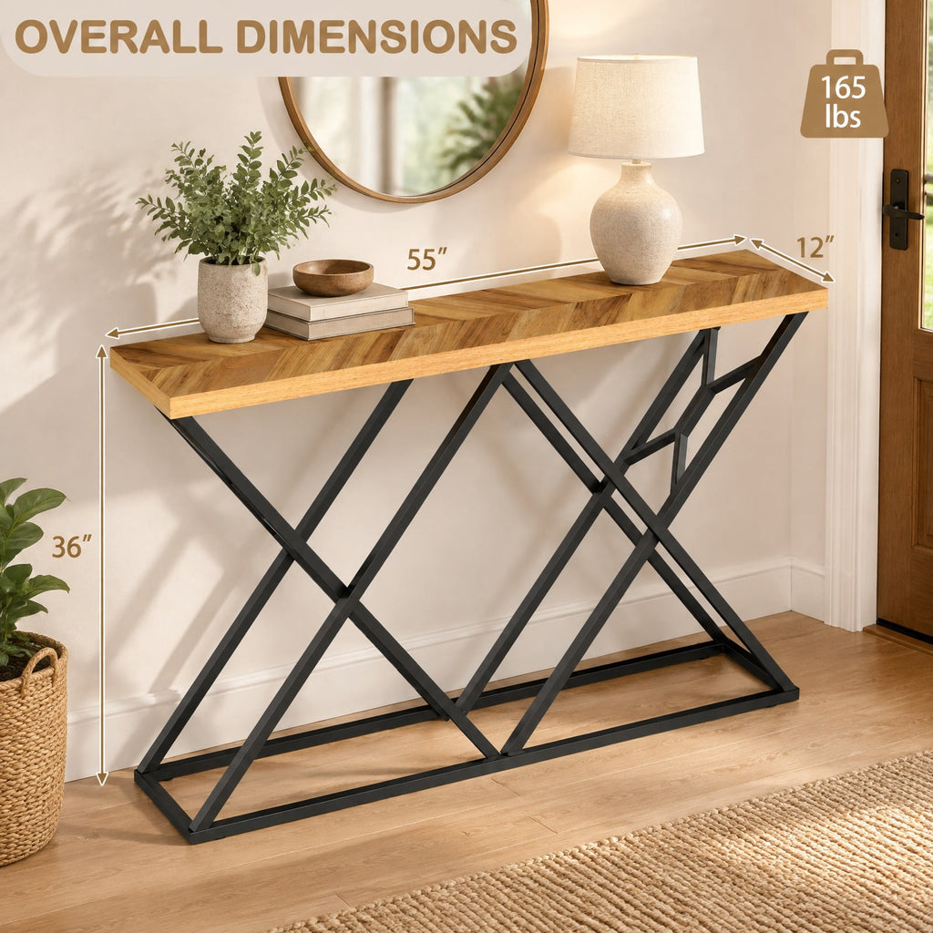 Airfind 55 Inch Console Table with Solid Metal Frame and Storage, 165 lbs Capacity, 55 Inch x 12 Inch x 36 Inch Footprint, Wood