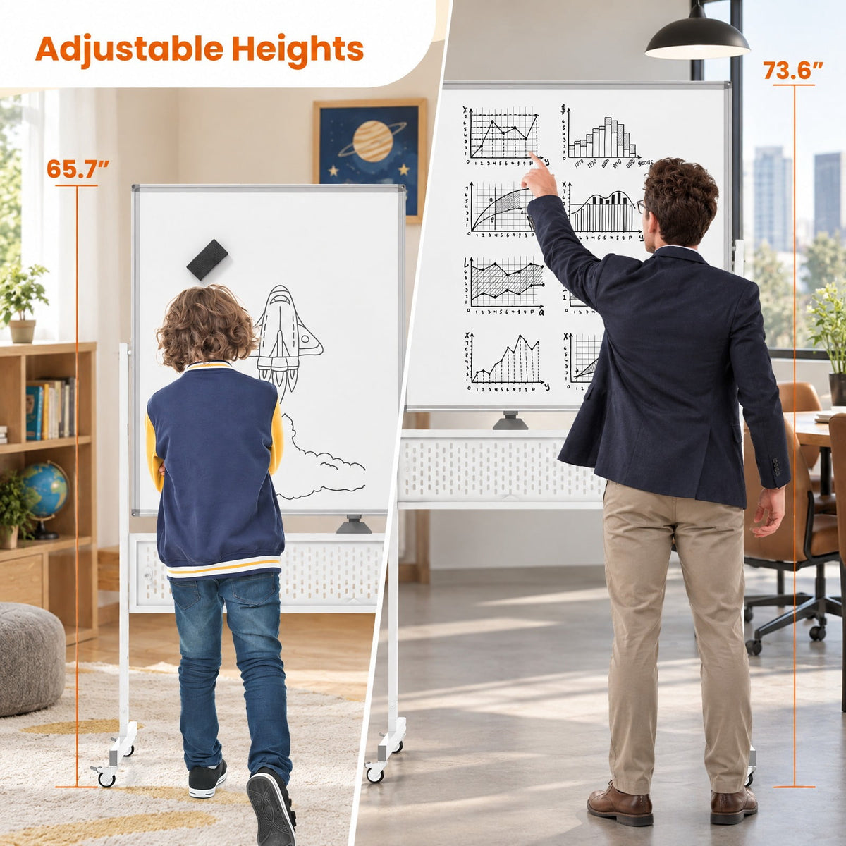 Airfind Mobile Whiteboard Adjustable Double-Sided Magnetic Board with Pegboard, Metal Aluminum Alloy PU Frame, 50 x 22 x 65.7 Footprint, White