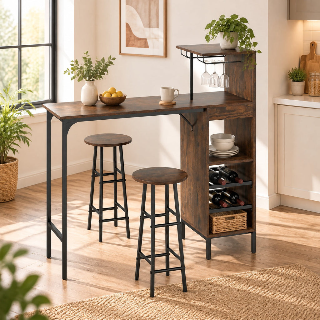 Airfind 3 Piece Bar Table and Chairs Set with 6-Bottle Wine Rack, MDF Metal, 48 Inch X 15.5 Inch X 48 Inch for Convenient Everyday Use, Brown