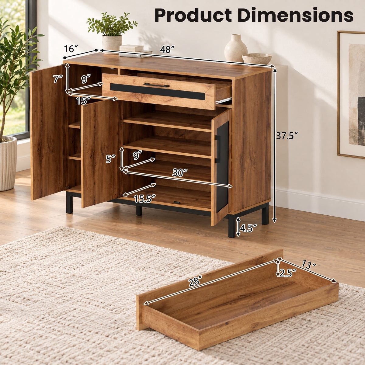Airfind 48 Inch Sideboard Buffet Cabinet with Drawer and Metal Legs, 88 lbs Capacity, Engineered Wood MDF Frame, 48 Inch x 16 Inch x 37.5 Inch Footprint