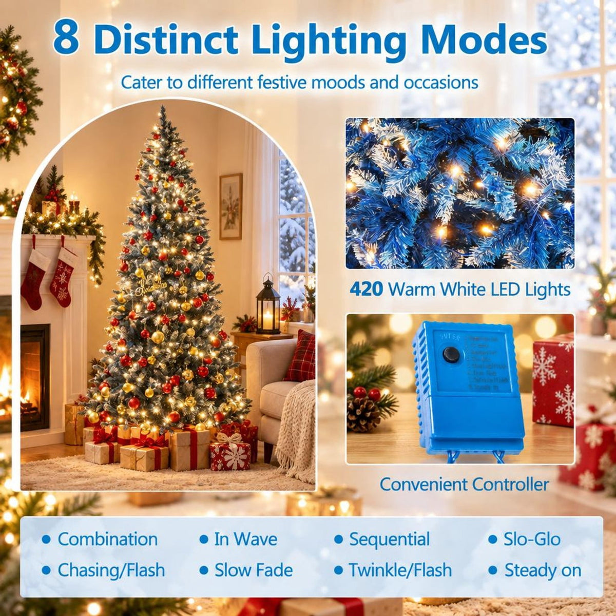 Airfind 6/7/8/9 FT Artificial Christmas Tree with 767 Snowy Branch Tips-8 FT, PVC Metal Frame, 3.1 x 6 ft Footprint, Blue
