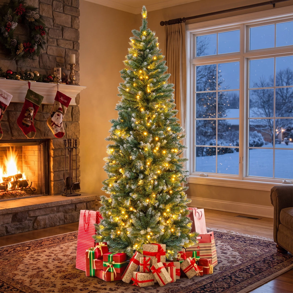 Airfind 6 Feet Pre-Lit Artificial Christmas Tree with 618 Snowy Branch Tips, PVC Metal Tree Height 150 cm Tree Width 48 cm Frame, Blue+Green