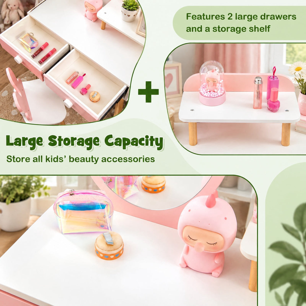 Airfind Kids Vanity Table and Chair Set with Drawer Shelf and Rabbit Mirror, 66 lbs Capacity, MDF Beech Wood Frame, Pink