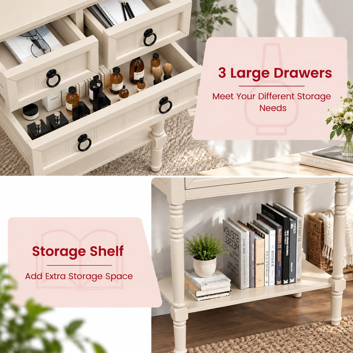 Airfind Narrow Console Table with 3 Storage Drawers and Open Bottom Shelf, 154 lbs Capacity, MDF Rubber wood Acacia Wood Frame, Beige
