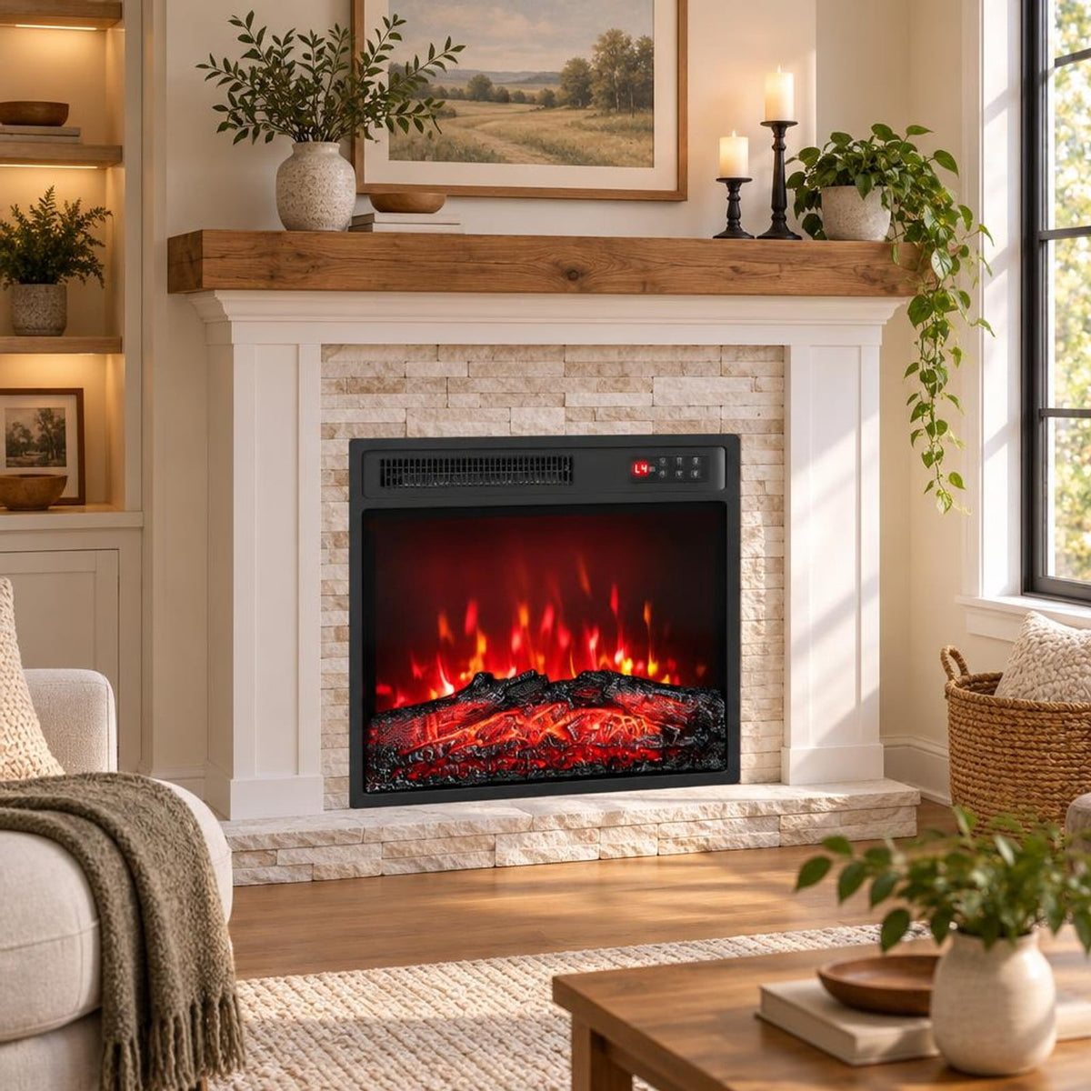 Airfind 18 Inch Electric Fireplace Insert featuring Remote Control and 7 Realistic Flame Colors, Metal ABS Tempered Glass Frame, Black