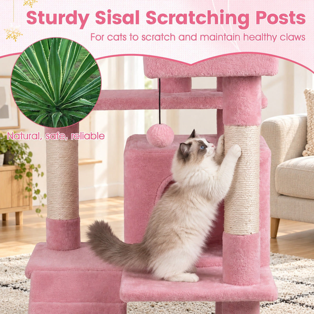 Airfind 52 Inch Tall Cat Tree Tower for Indoor Cats, 22 lbs Capacity, Engineered Wood Sponge Plush Fabric Sisal Frame, Pink