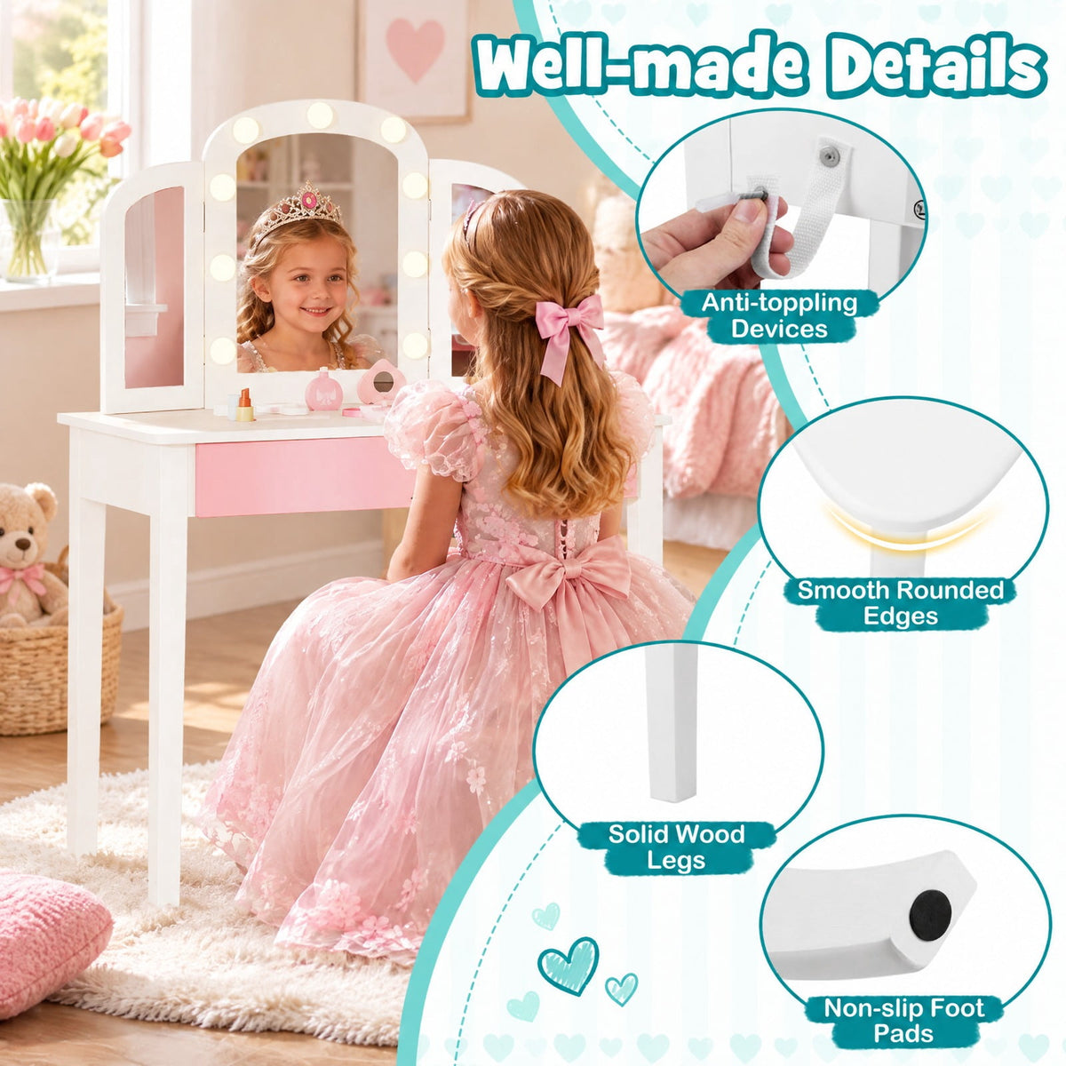 Airfind 2-in-1 Kids Vanity Table Set with Tri-Folding Detachable Mirror and Lights, 110 lbs Capacity, MDF Pine Wood Acrylic Frame, Footprint, White