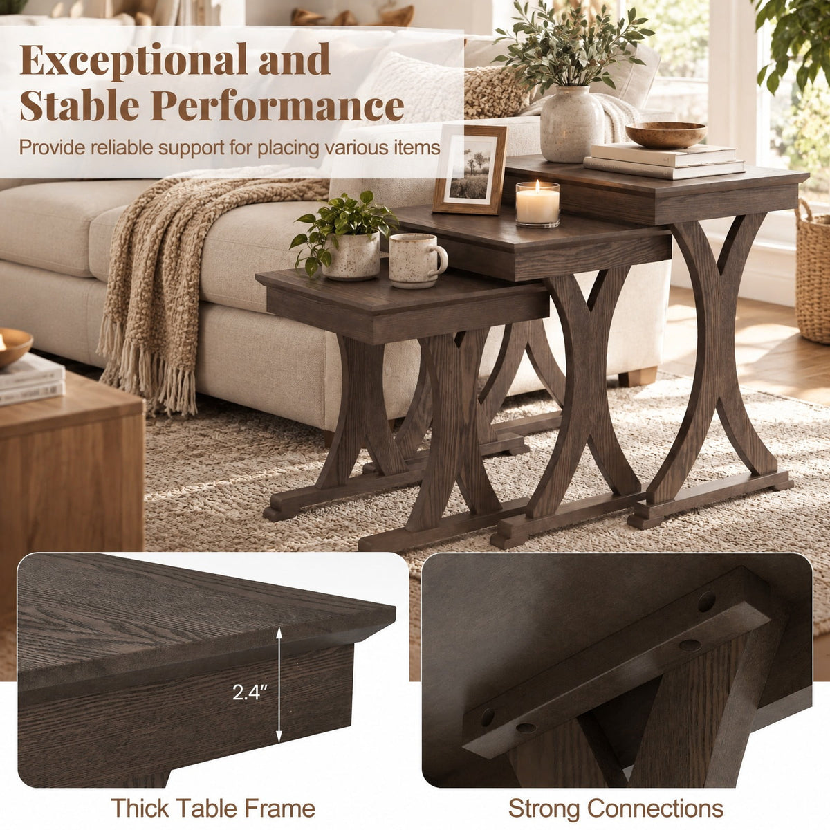 Airfind 3 Pieces Nesting Coffee Table Side Table with Solid Rubber Wood Legs, 71 lbs Capacity, Rubber Wood MDF Frame, 23 x 15 x 22 Footprint