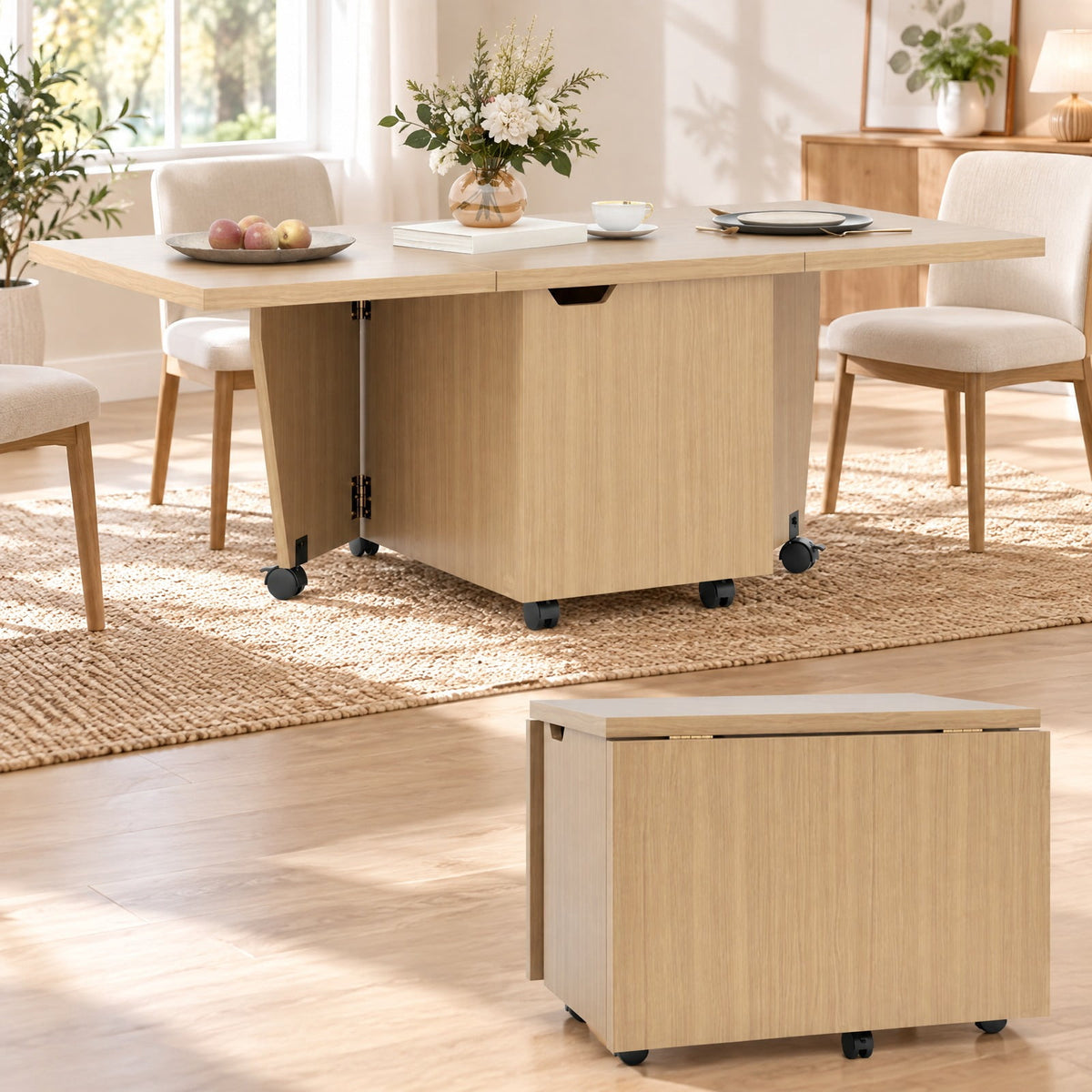 Airfind Foldable Coffee Table with Storage Cabinet Extendable Center Table, 155 lbs Capacity, Engineered Wood Frame, 48in x 24in x 18in Footprint, Oak