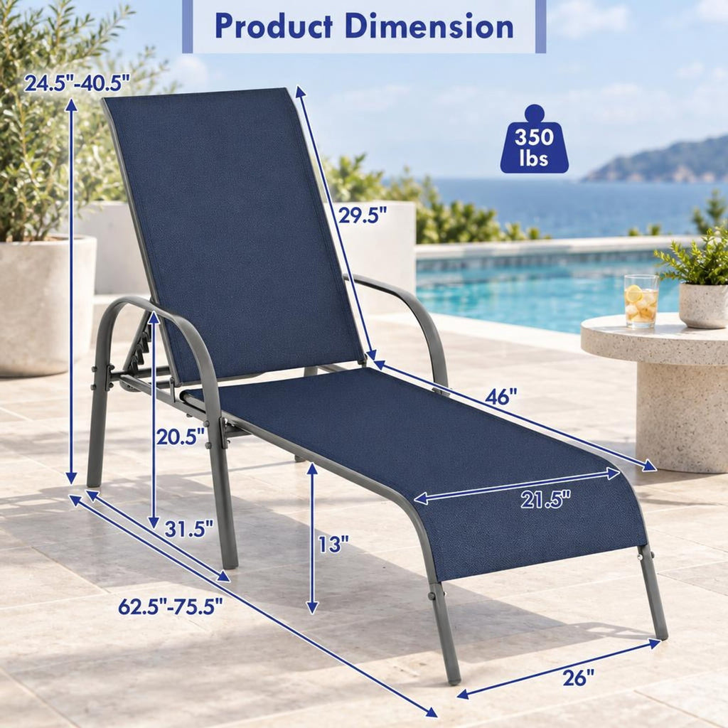 Airfind 2 Pcs Outdoor Patio Lounge Chair Chaise Fabric with Adjustable Reclining Armrest, Fabric Steel Horizontal Frame, Navy