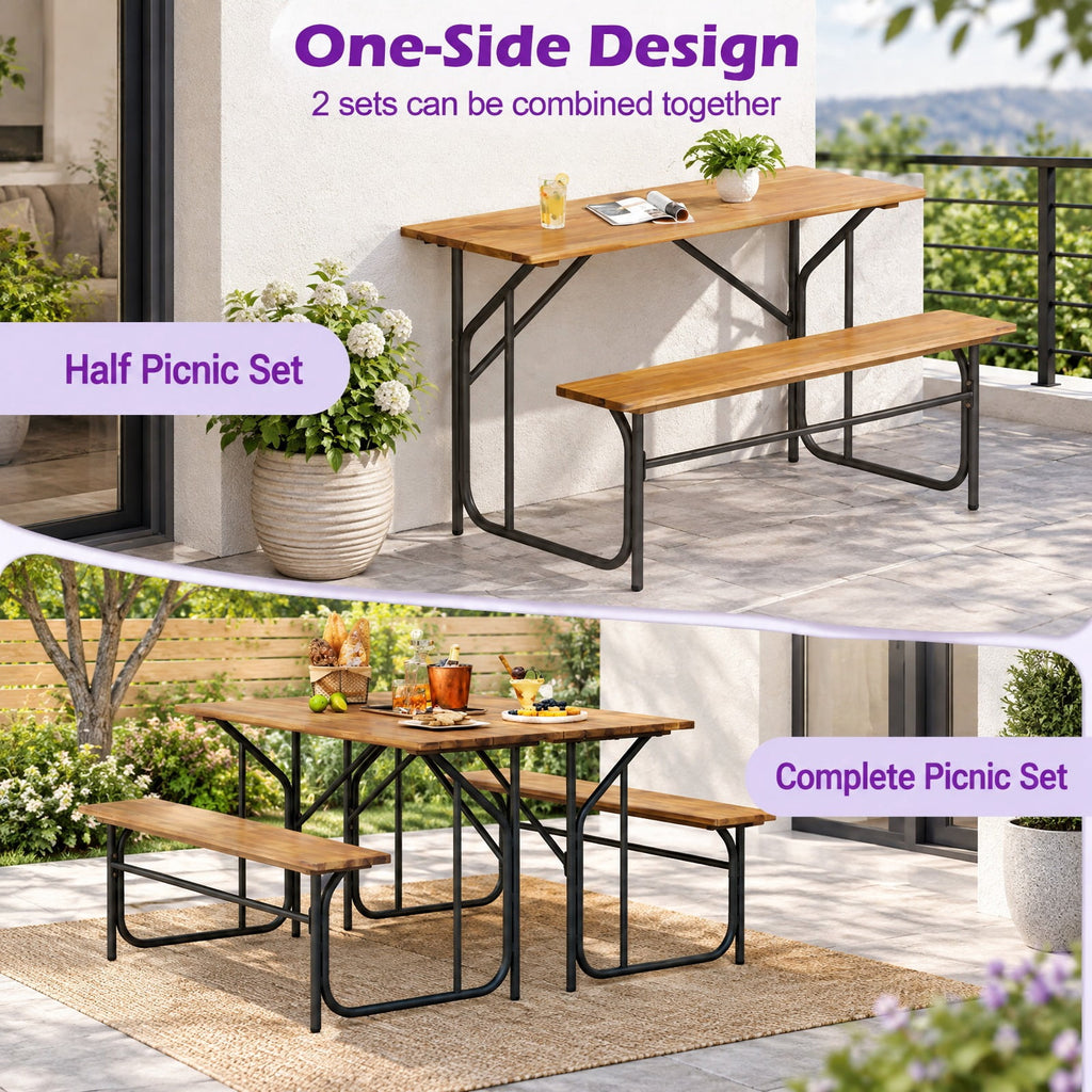 Airfind Acacia Wood Patio Table Bench for 2 People One, 180 lbs Capacity, Acacia Wood Metal Frame, 52 x 32 x 29.5 Footprint, Wood