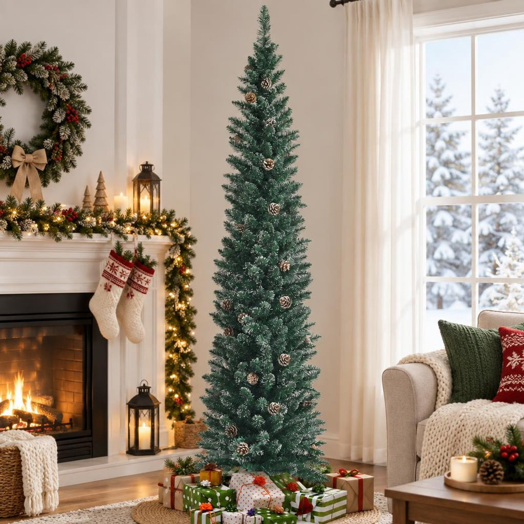 Airfind 7 Ft Pencil Christmas Tree featuring Snowy PVC Branches, 351 Tips, 41 Pine Cones and Foldable Metal Stand for Holiday Decor, Green