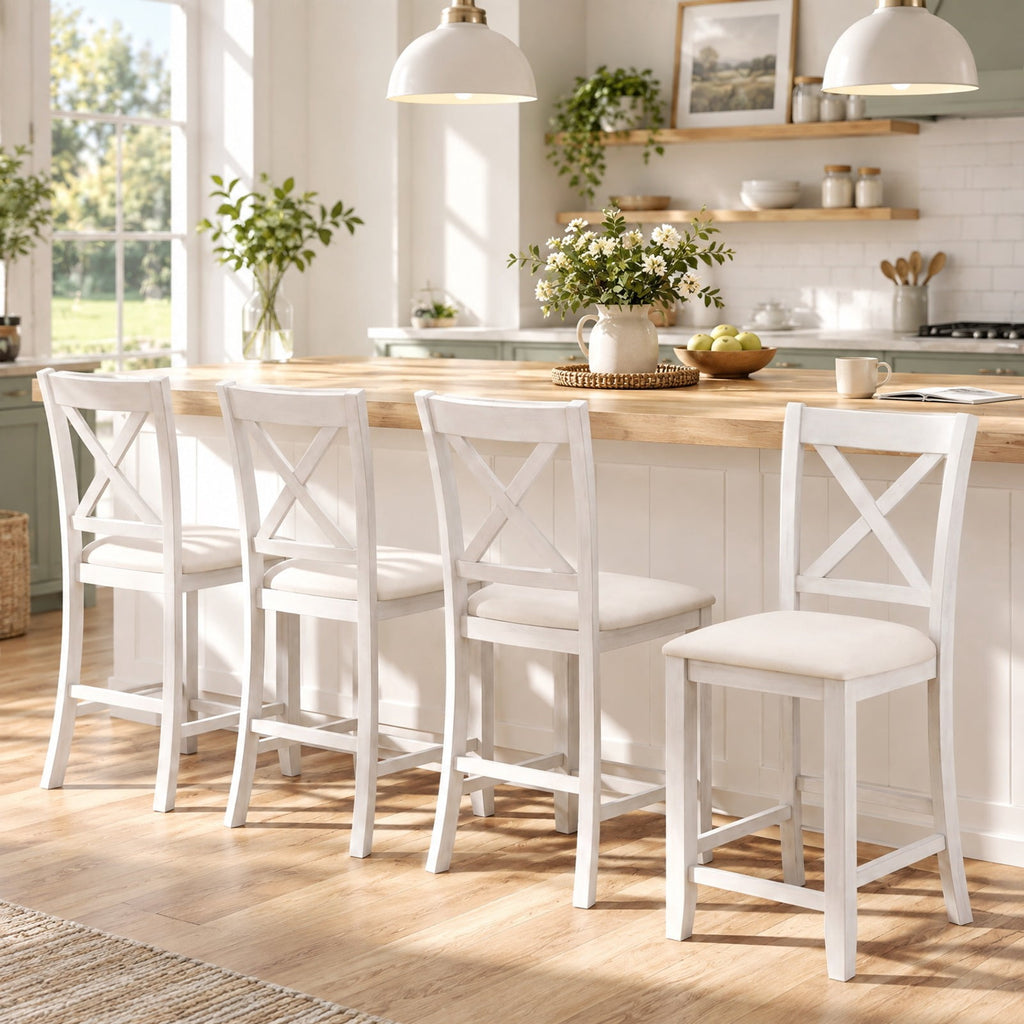 Airfind Modern Farmhouse Counter Height Stools with Footrest and Cushion, 330 lbs Capacity, Rubber MDF Linen Sponge Frame, White