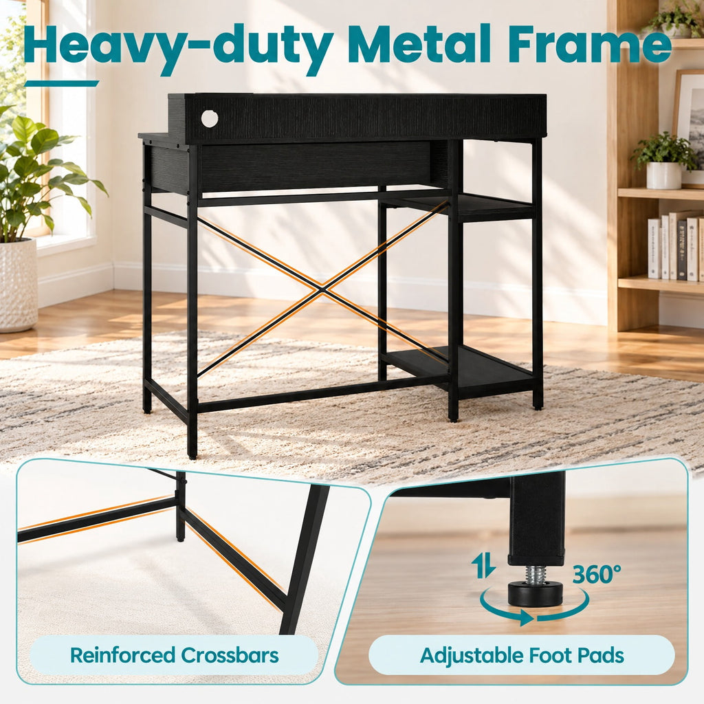 Airfind Computer Desk with Power Outlets 42inch Writing Desk with Hutch Drawer and 2 Open Shelves, 110 lbs Capacity, Engineered Wood Metal Frame
