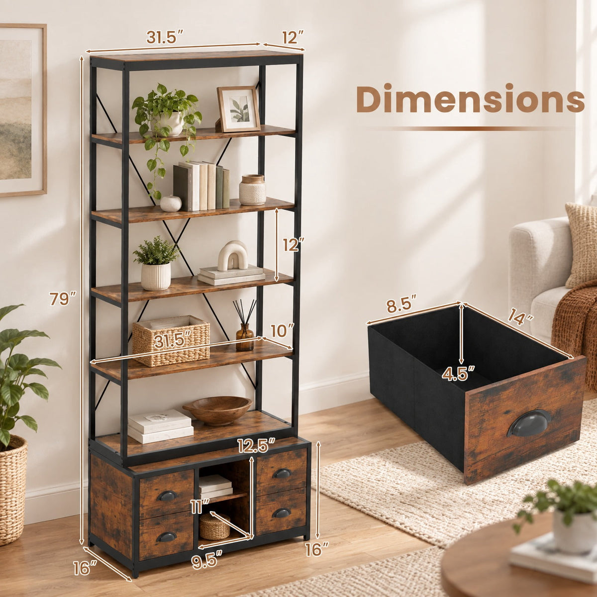 Airfind 8-tier Bookshelf with 4 Fabric Drawers and Heavy-duty Metal Frame, Coffee, Capacity of Shelf 66 lbsWeight