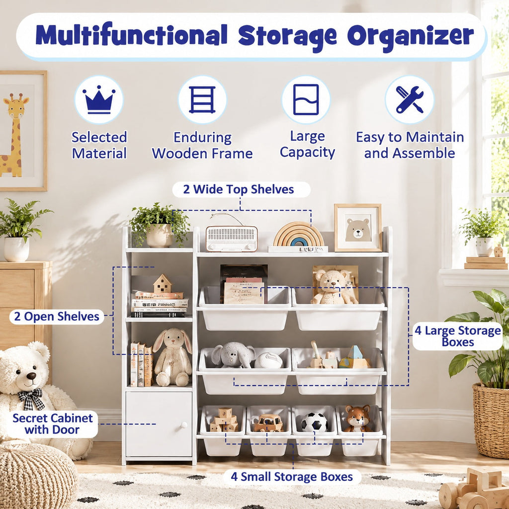 Airfind 4-Tier Kids Toy Storage Organizer Bookshelf and Toy Storage Rack with Door, 22 lbs Capacity, PP Metal MDF Frame, White