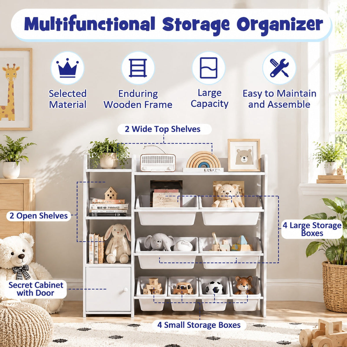 Airfind 4-Tier Kids Toy Storage Organizer Bookshelf and Toy Storage Rack with Door, 22 lbs Capacity, PP Metal MDF Frame, White