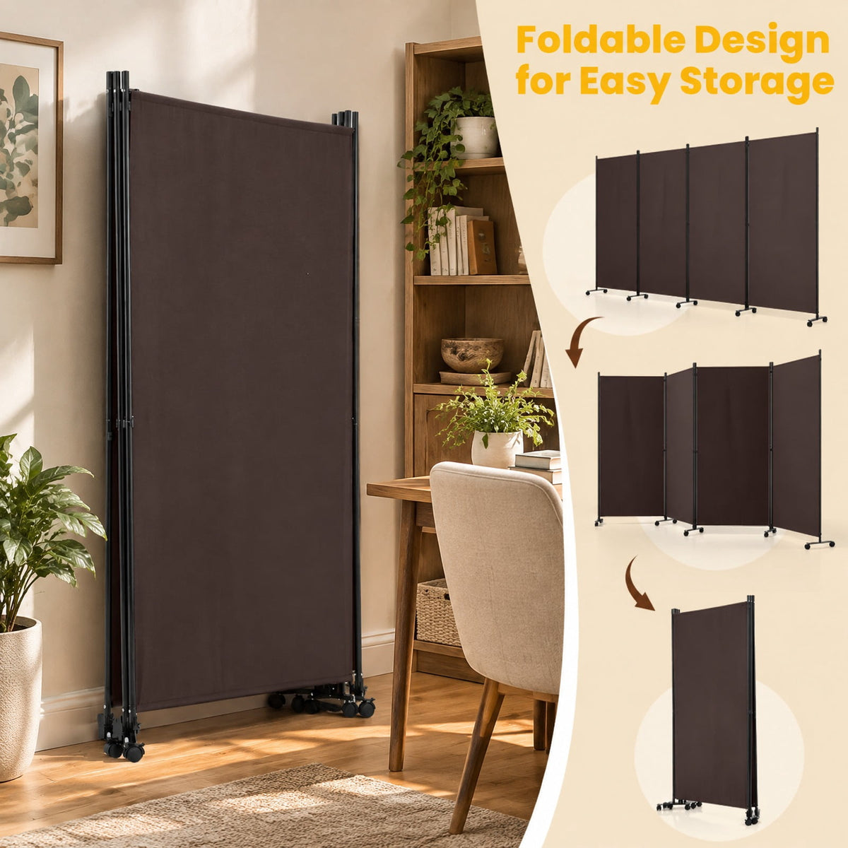 Airfind 4 Panel Folding Privacy Screen Room Divider with Wheels, Polyester Fabric Metal PP Frame, 137 x 12 x 71.5 Footprint, Brown