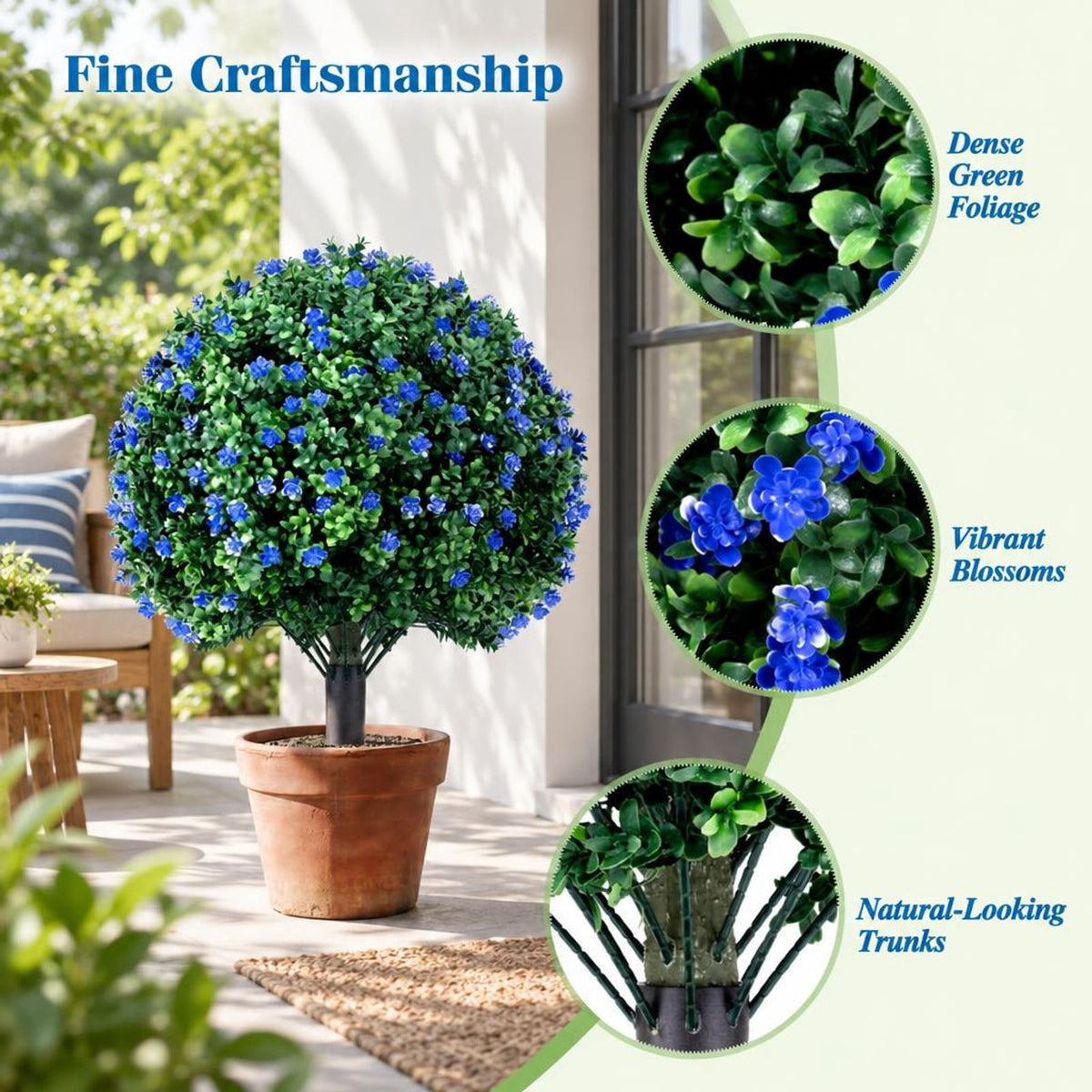 Airfind 2 Pack Artificial Flowering Boxwood Topiary Ball Trees 27.5 Inches Faux Floral Shrubs, PP PE Frame for Everyday Use, Green