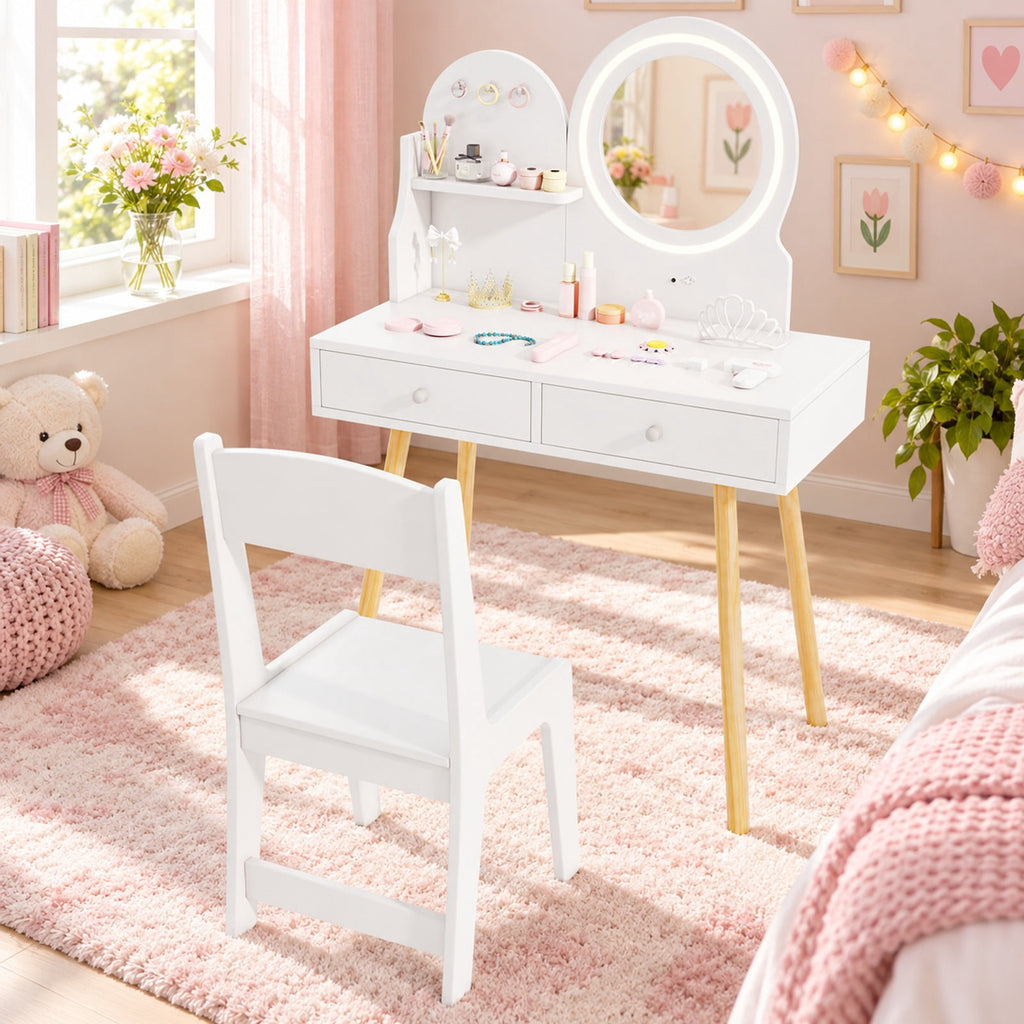 Airfind Kids Princess Makeup Dressing Desk and Chair Set with Mirror and Lights, 110 lbs Capacity, MDF Frame, for 3+ years old, White