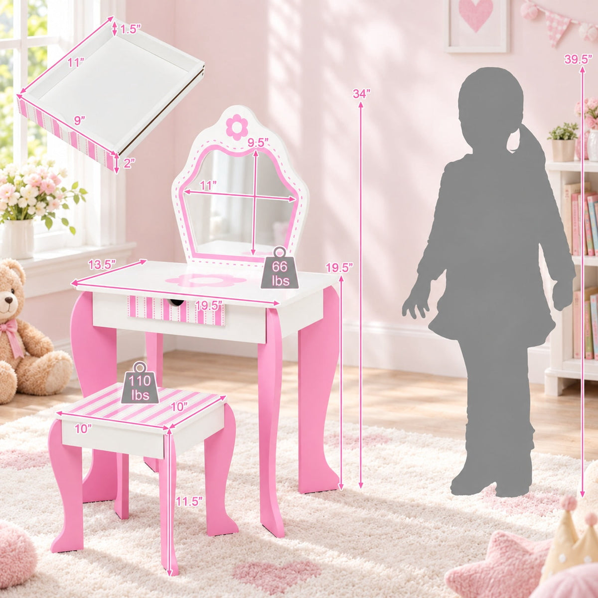 Airfind 2-in-1 Toddler Vanity Set with Detachable Top and Cute Flower Patterns, 66 lbs Capacity, MDF acrylic Frame, White