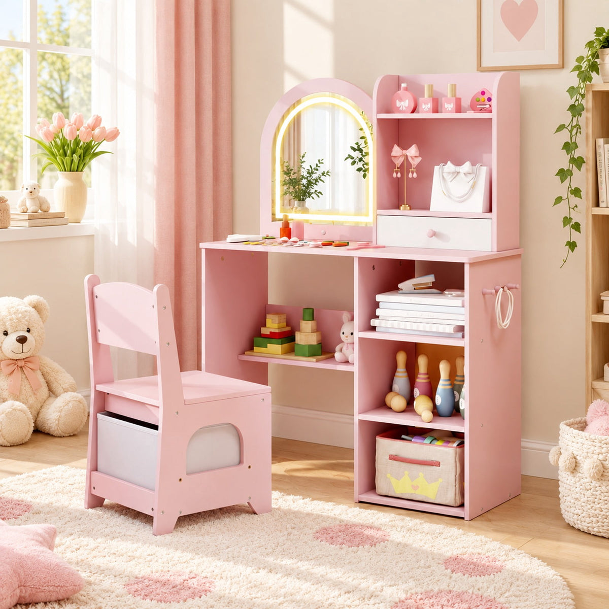 Airfind Kids Vanity Set Princess Girls Makeup Vanity Desk with Chair and 3-Color LED Lighted Mirror, 45 lbs Capacity, MDF Frame, Pink