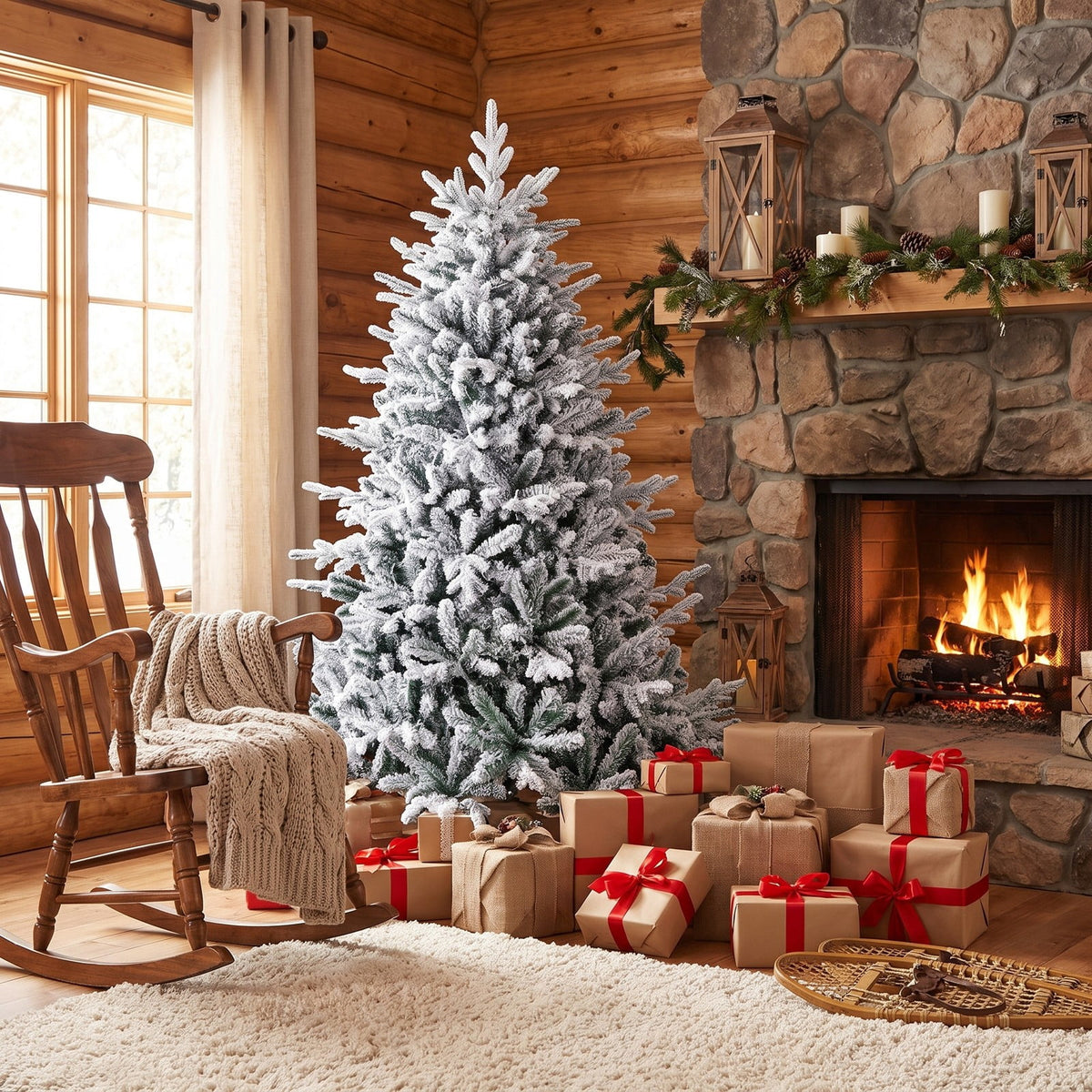 Airfind 6 Feet Flocked Christmas Tree with 8 Lighting Modes and Multi-Color LED Lights-6 ft, Green and White