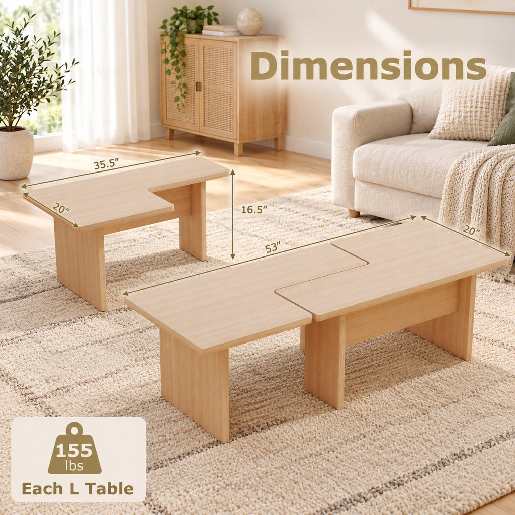 Airfind Modular Coffee Table Set of 2 L Shaped Center Tables for Small Space, 155 Lbs Capacity, Engineered Wood, 35.5 Inch X 20 Inch X 16.5 Inch, Oak