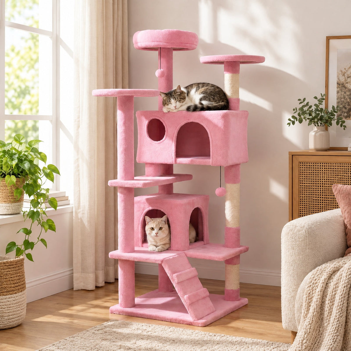 Airfind 52 Inch Tall Cat Tree Tower for Indoor Cats, 22 lbs Capacity, Engineered Wood Sponge Plush Fabric Sisal Frame, Pink