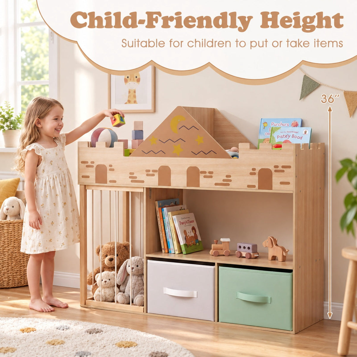 Airfind Toy Storage Organizer with Stuffed Animal Storage and Open Shelves, 35 lbs Capacity, Engineered Wood Pine Wood Cotton PP Frame, Natural