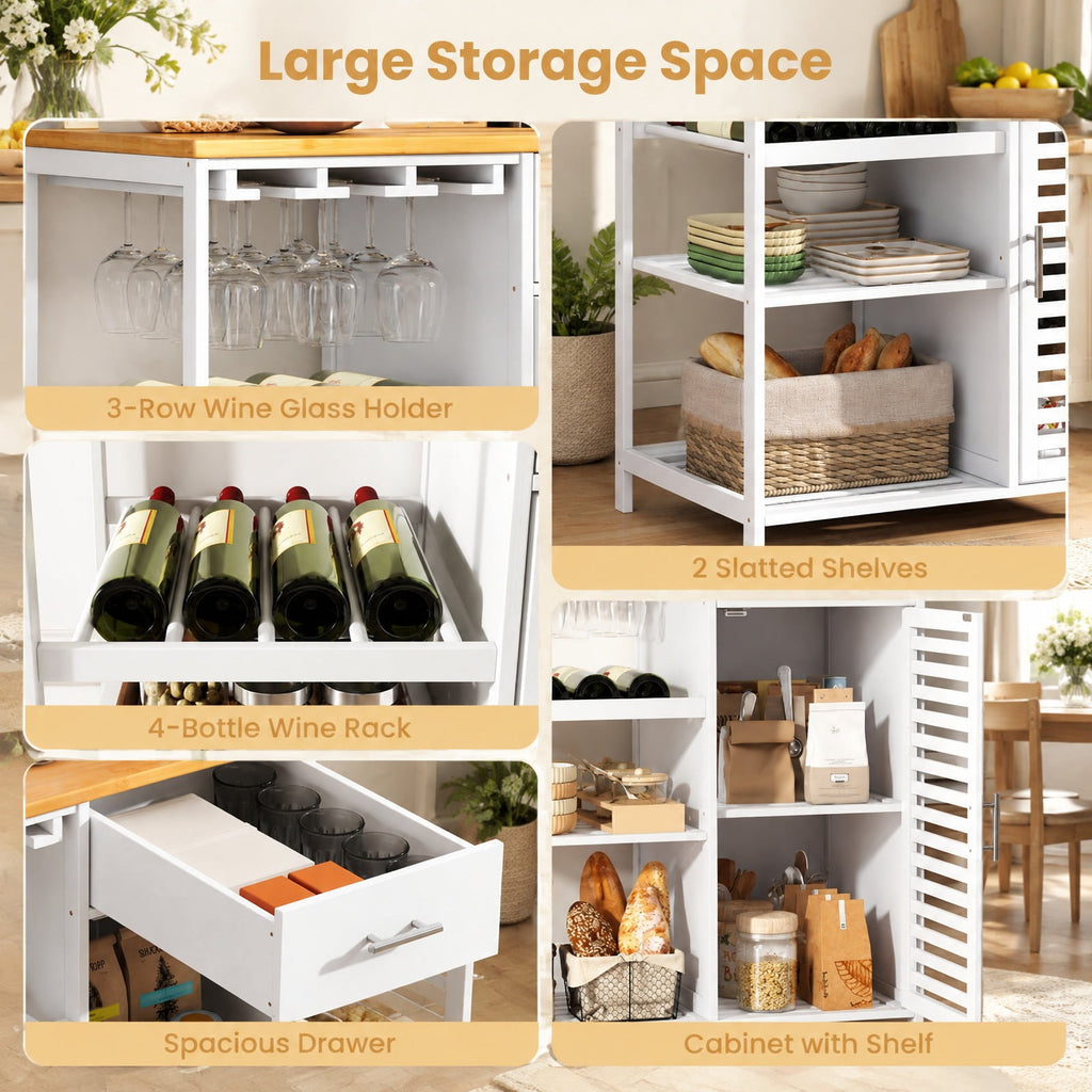 Airfind Coffee Bar Cabinet with Glass Holder Wine Rack and Bamboo Top, White, Smooth painted surface for easy maintenance