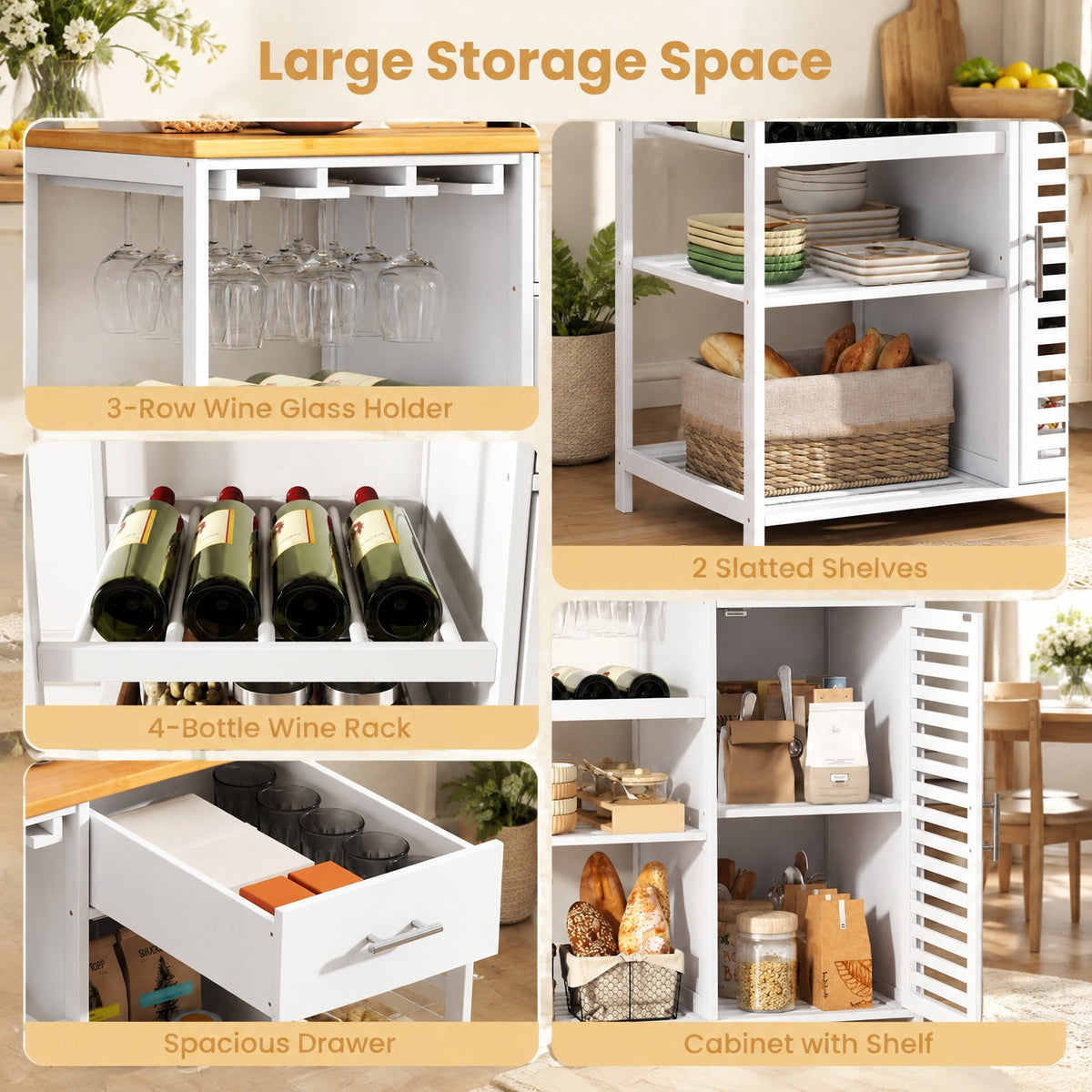Airfind Coffee Bar Cabinet with Glass Holder Wine Rack and Bamboo Top, White, Smooth painted surface for easy maintenance