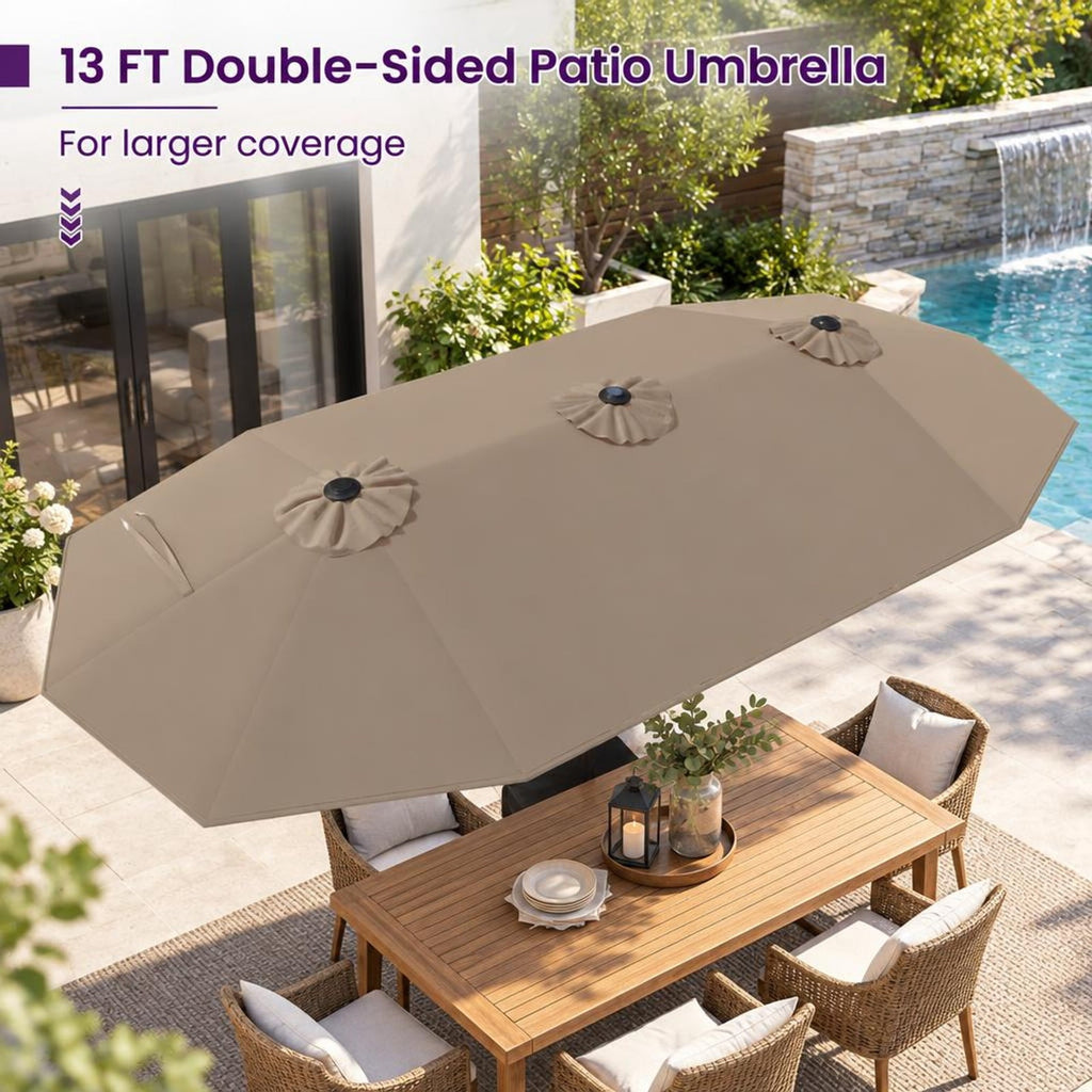 Airfind 13FT Double-sided Patio Umbrella with Solar Lights for Garden Pool Backyard, Metal 180g Yarn Dyed Fabric PA Coating Frame, Coffee