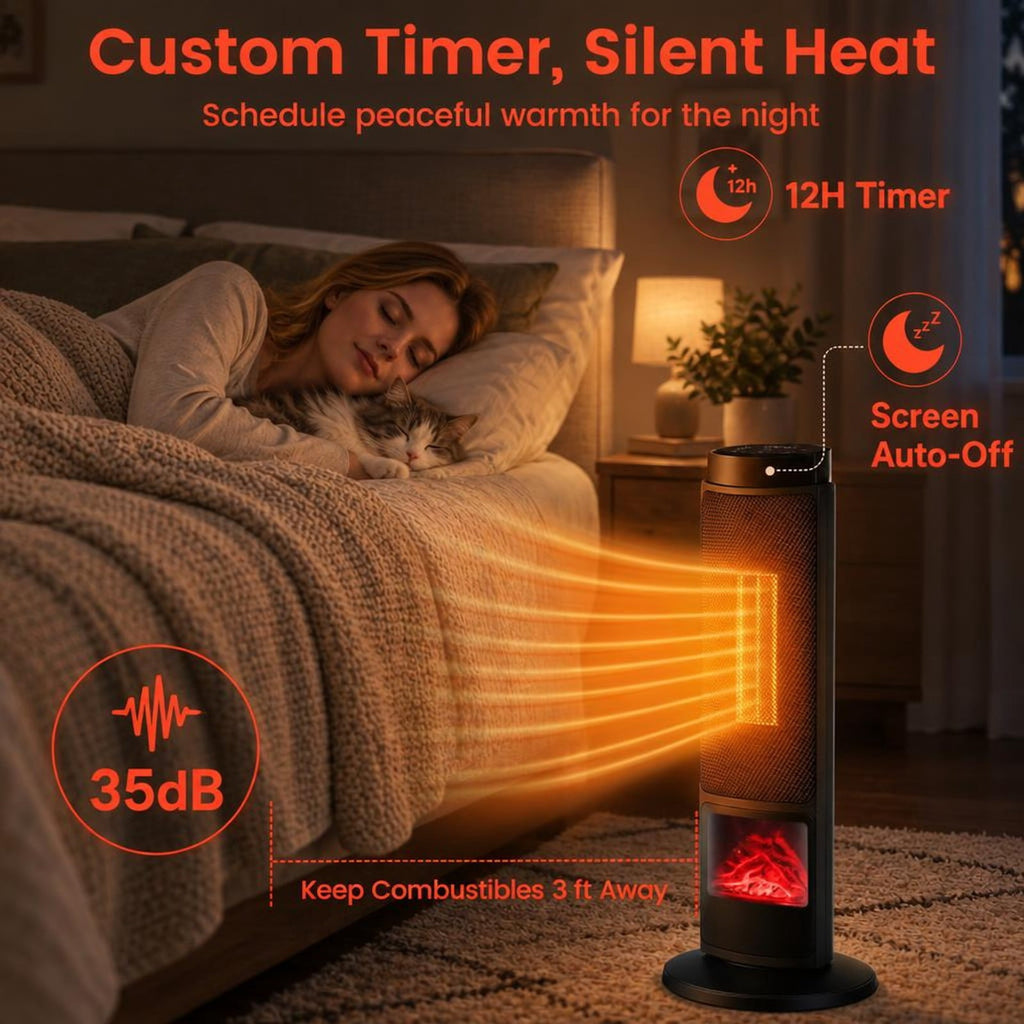 Airfind 24 Inch 1500W PTC Ceramic Tower Space Heater with 7-Color Flame, 9 Inch x 24 InchLength of Footprint for Everyday Use, Black