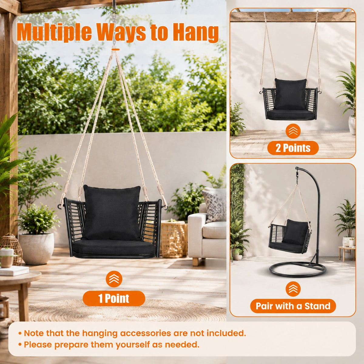 Airfind Porch Swing Patio Hanging Rattan Chair with Zippered Cushions and Rope, 400 lbs Capacity, 30.5 x 24.5 x 15 Suitable Hanging Footprint