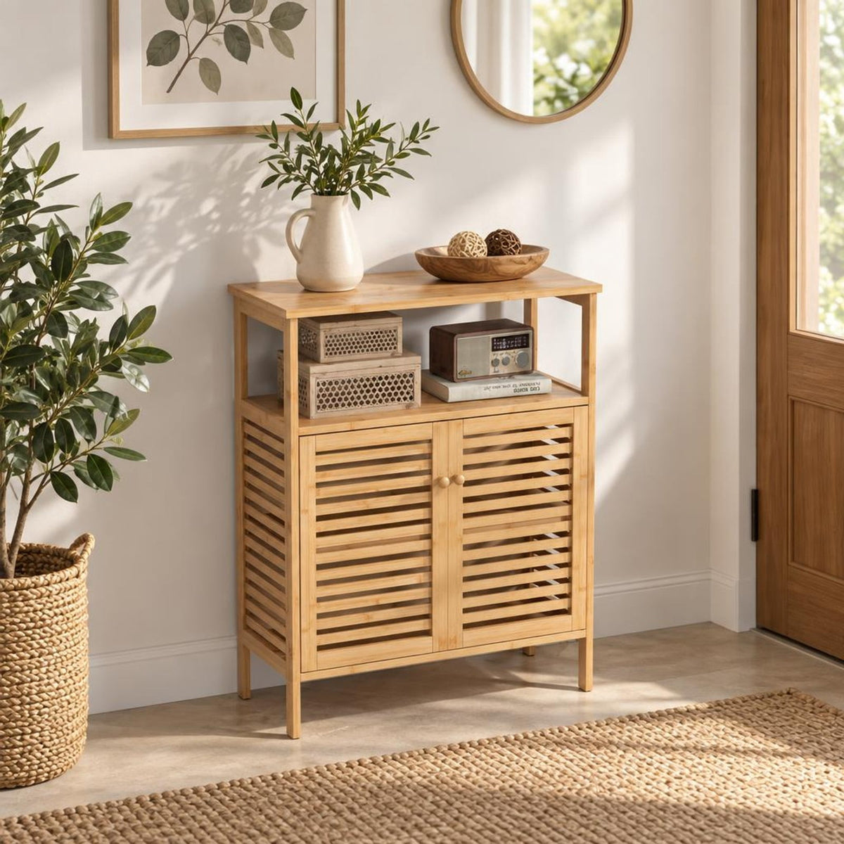 Airfind Bamboo Bathroom Floor Storage Cabinet with Shutter Doors, 145 lbs Capacity, Bamboo MDF Frame, Natural