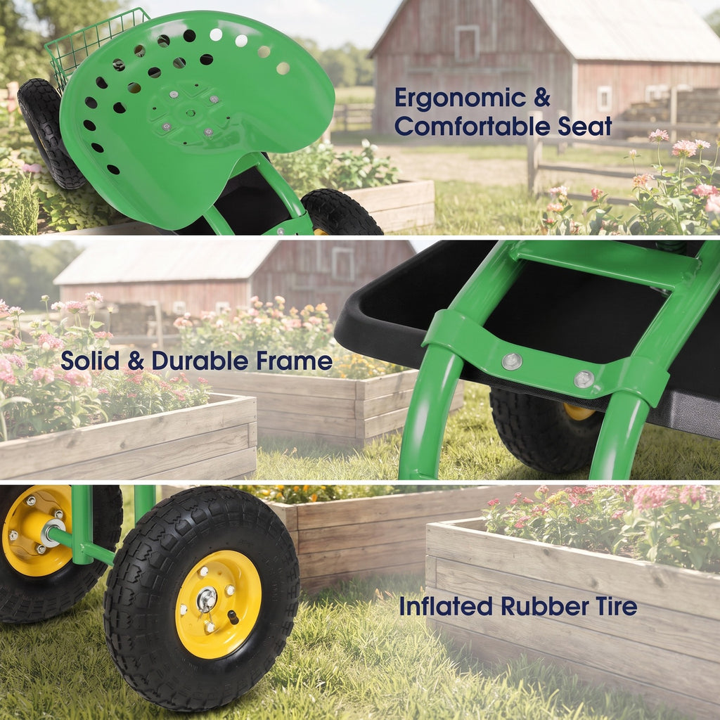 Airfind Red/Green Garden Cart Rolling Work Seat With Heavy Duty Tool Tray Gardening Planting, 33 x 16 x 22 Footprint, Green