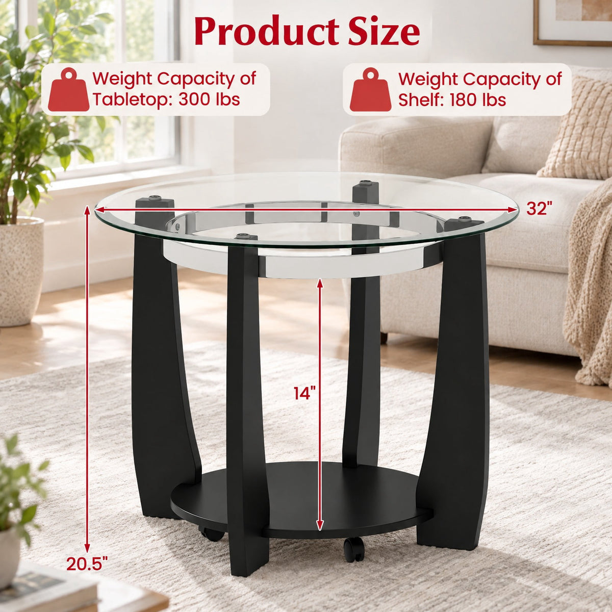 Airfind 32 Inch 2-Tier Glass Round Coffee Table with Storage Shelf, 300 lbs Capacity, Tempered Glass Rubber Wood Stainless Steel Plastic Frame, Black