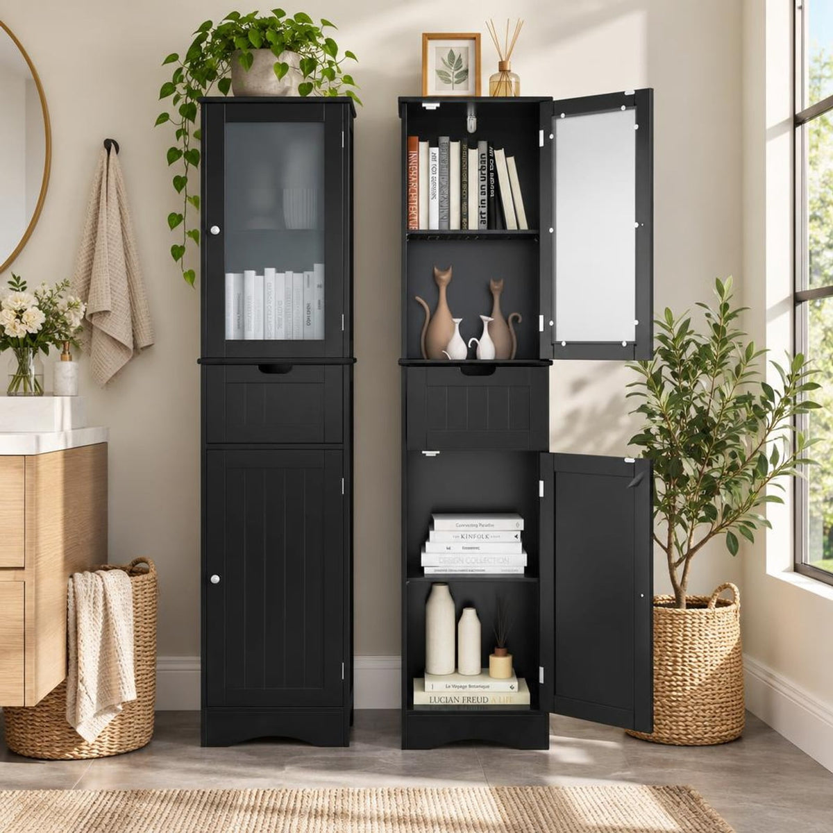 Airfind Tall Floor Storage Cabinet with 2 Doors and 1 Drawer for Bathroom, MDF Tempered Glass Frame, 16in x 12in x 67in Footprint, Black