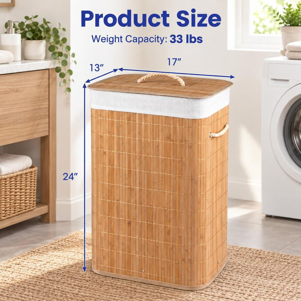 Airfind 19 Gal Bamboo Clothes Hamper with Removable Liner and Portable Handles, 33 lbs Capacity, Bamboo Polyester Cotton Metal Engineered Wood Frame