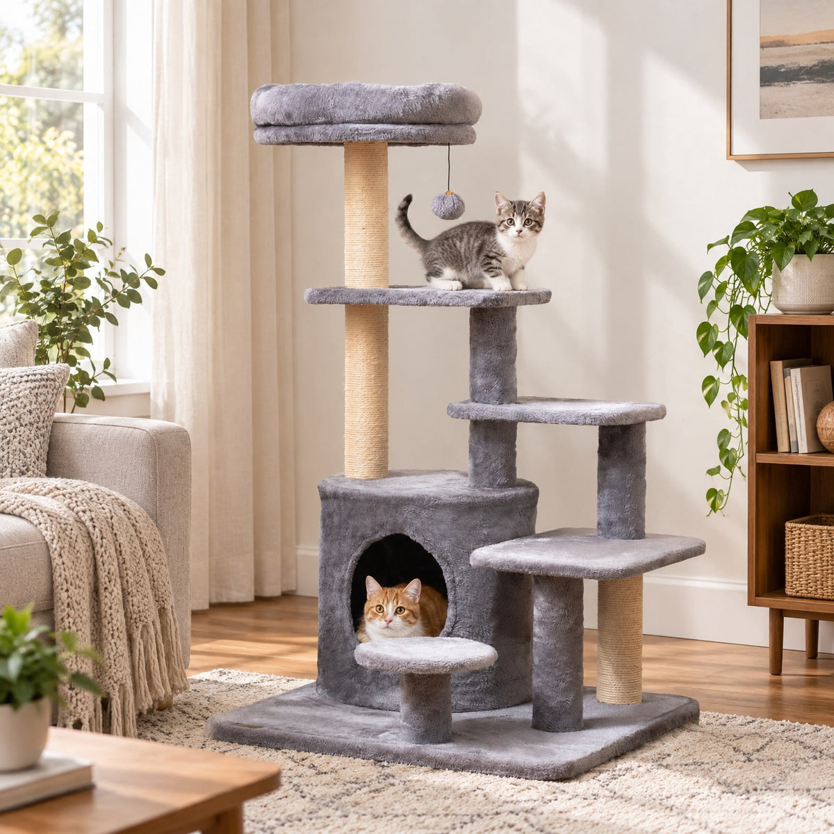 Airfind 40 Inch Multi-level Cat Tower with Condo and Dangling Jingle Ball, 33 lbs Capacity, Engineered Wood Sisal Plush Fabric Frame, Gray