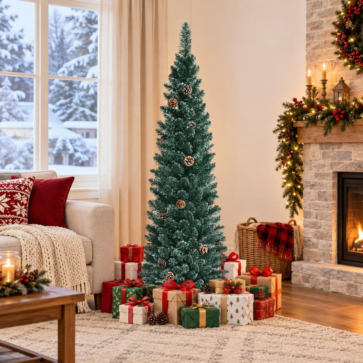 Airfind 5 Ft Slim Snow-Flocked Pencil Christmas Tree featuring 214 Branch Tips, 25 Pine Cones and Foldable Metal Stand, Green