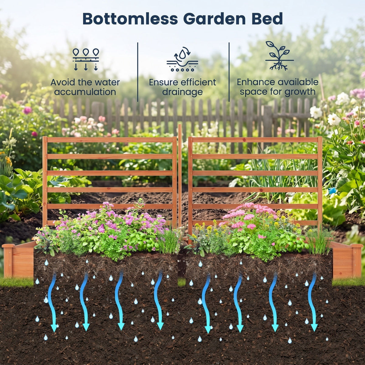 Airfind Raised Garden Bed with 2 Planter Boxes and 3 Trellis, 22 lbs Capacity, Fir Wood Frame, 88 x 45 x 43 (L x W x H) Interior Footprint