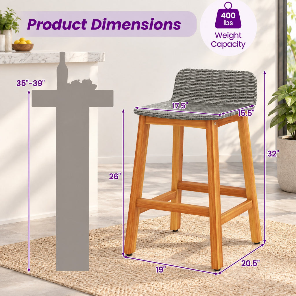 Airfind Solid Acacia Wood Bar Stools Set of 2 with Backrests and Footrests for Porch, Acacia Wood PE Rattan Frame, Gray