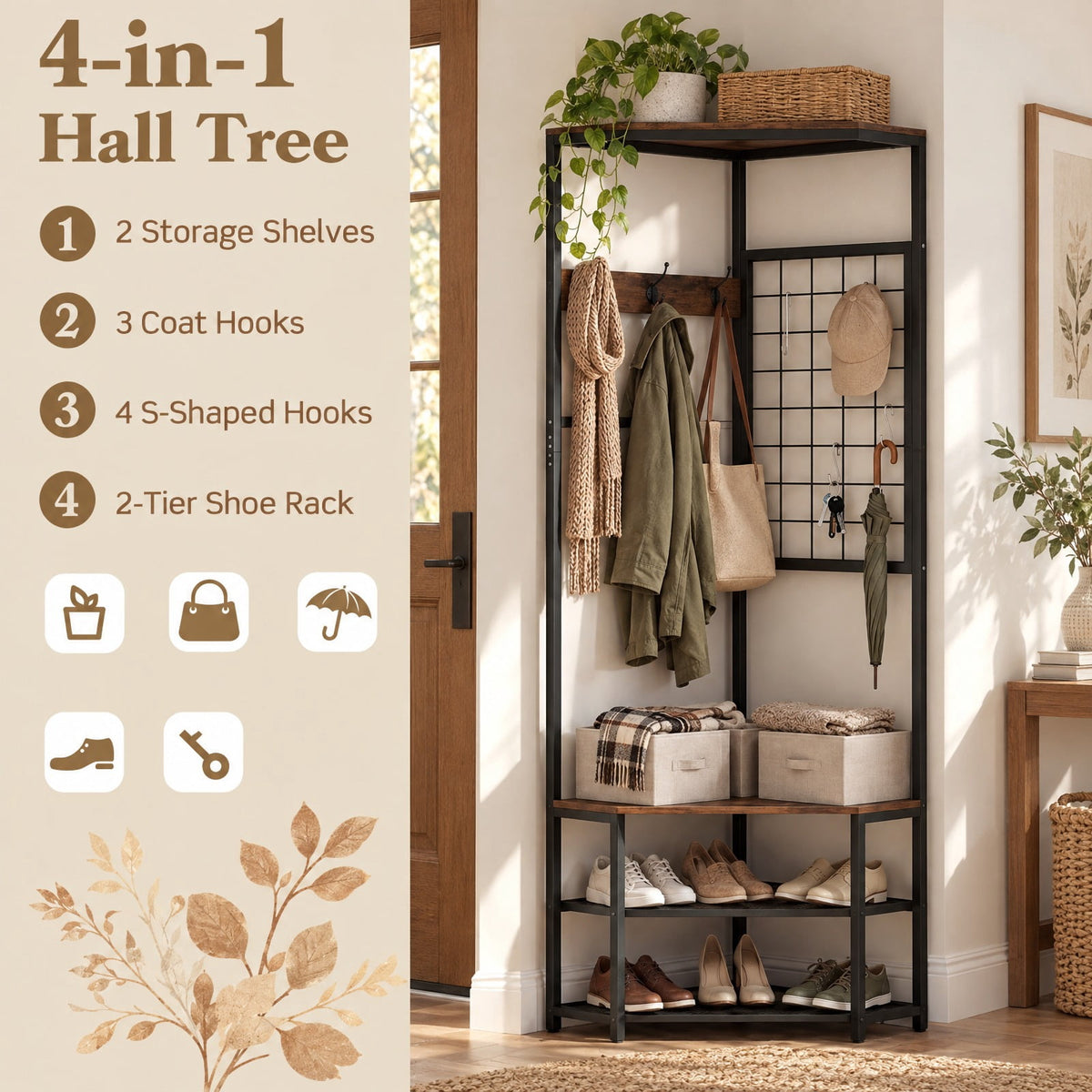Airfind Corner Hall Tree Freestanding Coat Rack with Storage Shelves Removable Hooks, 220 lbs Capacity, Engineered Wood Metal Frame, Brown