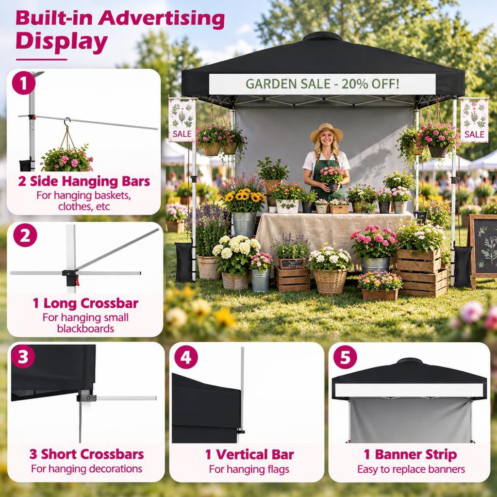 Airfind 10 x 10 Feet Foldable Commercial Pop-up Canopy with Roller Bag and Banner Strip, 10 x 10 x 8.9-9.5 ftCarrying bag Footprint, Black